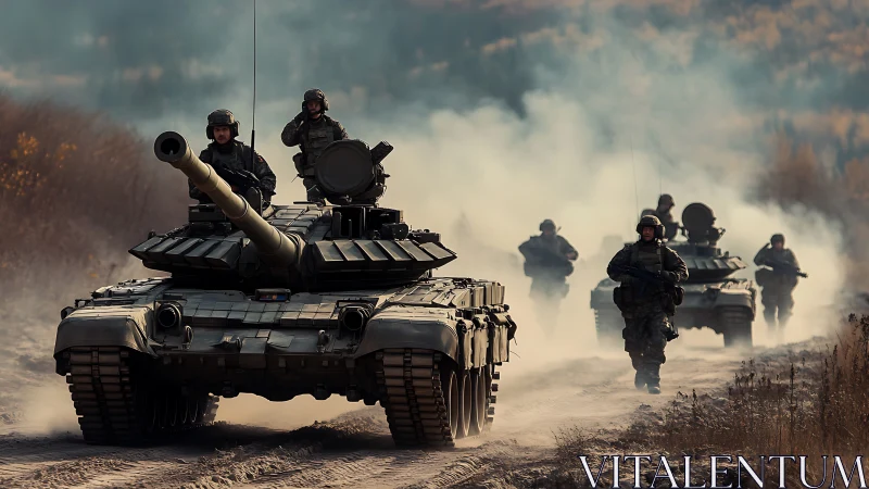 Armored battle tanks advance through smoky autumn training ground.