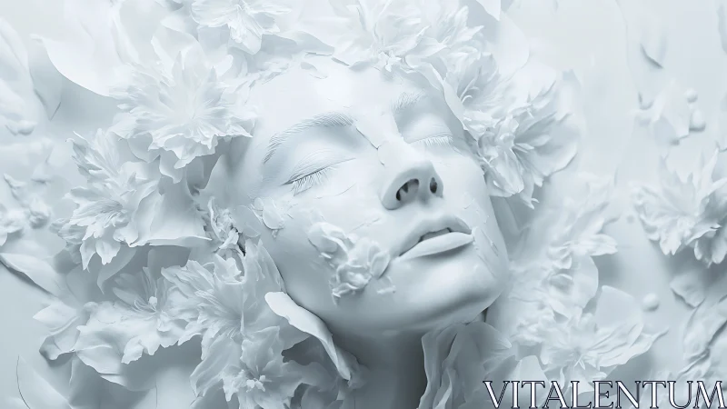 Monochrome sculpted face immersed in high-relief floral textures
