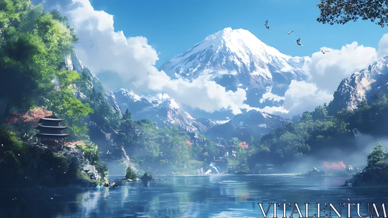 Peaceful mountain lake and hidden pagoda in morning light.