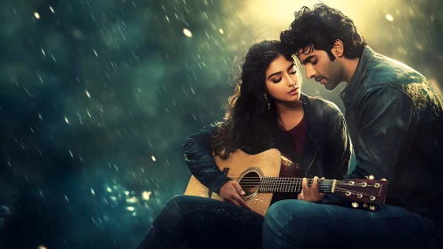 Intimate Moment: Couple Sharing Guitar in Rain.