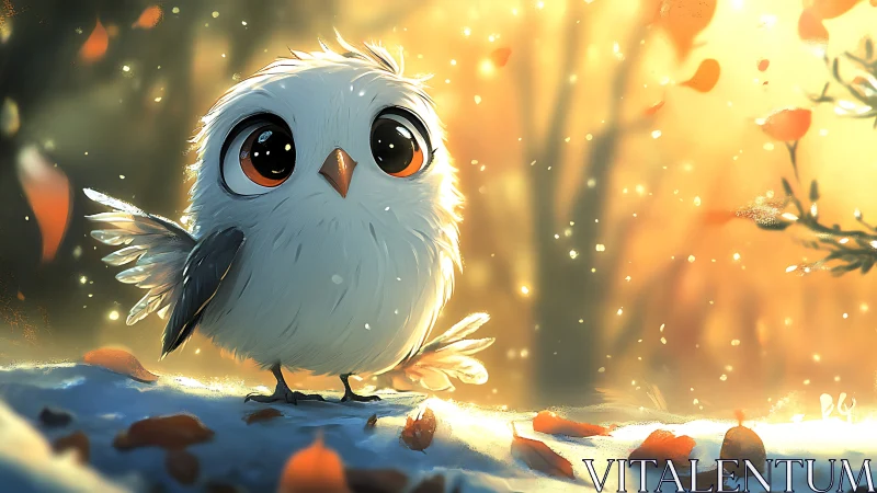 Adorable Fluffy Owl in Autumn Forest, Digital Art Illustration.