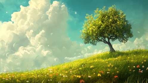 Solitary hilltop tree leans into clouds like a quiet dream