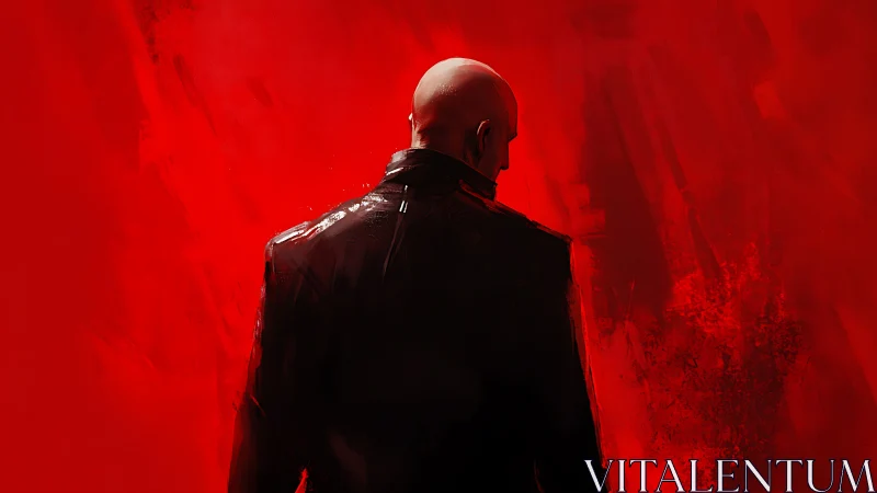 Bald man in dark coat stands against intense red abstract field