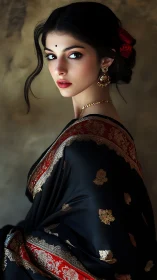 Graceful woman in ornate sari turns with quiet, timeless poise