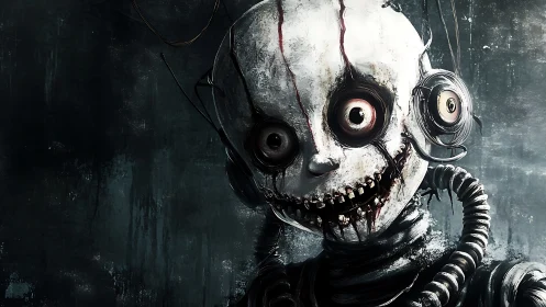 Curious haunted robot with wide eyes and crooked smile.