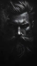 High-contrast monochrome portrait shows bearded male face
