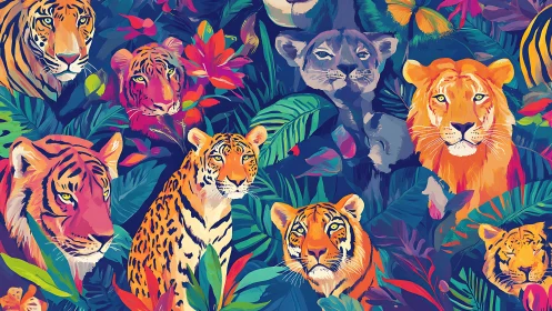 Vibrant Big Cats Among Tropical Flowers in Wild Jungle Scene