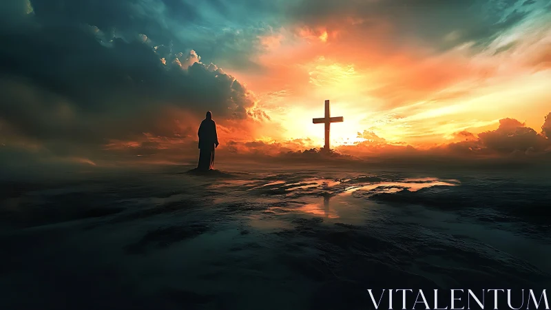 Stormlit horizon pauses as lone figure meets the glowing cross