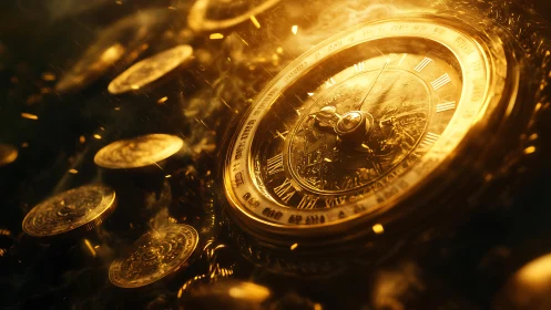 Golden antique clock with floating coins in warm light.