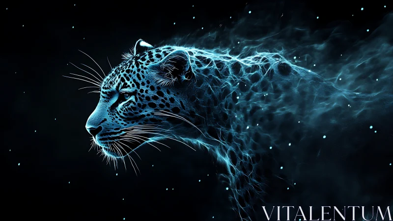 Neon leopard profile with digital energy particles dissipating