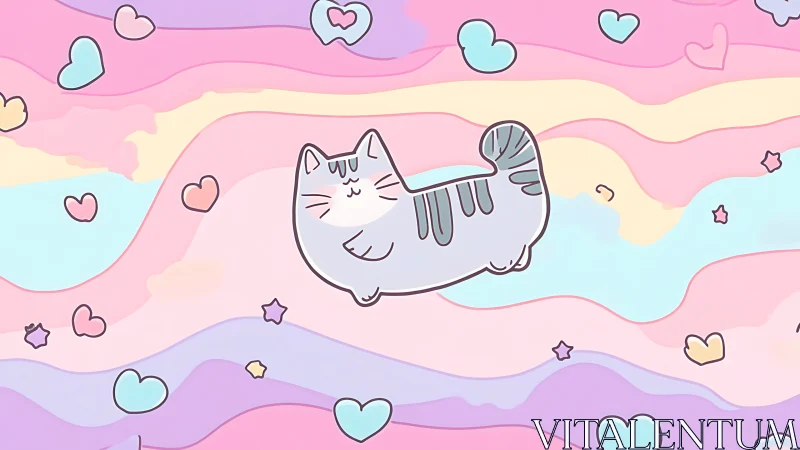 Pastel cartoon cat drifts through dreamy rainbow sky.