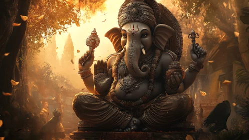 Digital rendering shows seated Ganesha statue in forest shrine