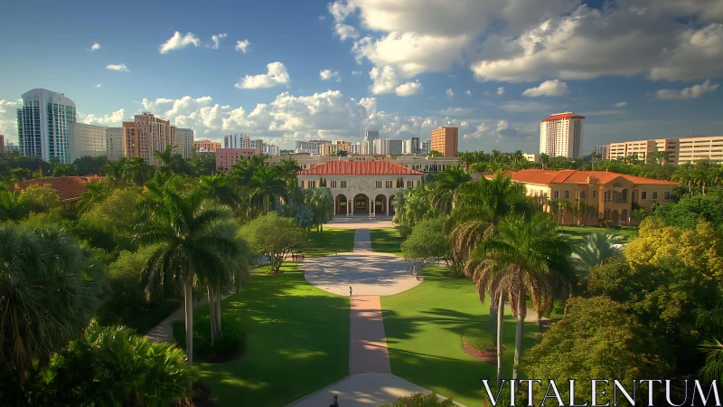 University campus courtyard framed by palm trees at midday