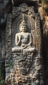 Stone Buddha relief carved into weathered cliff face