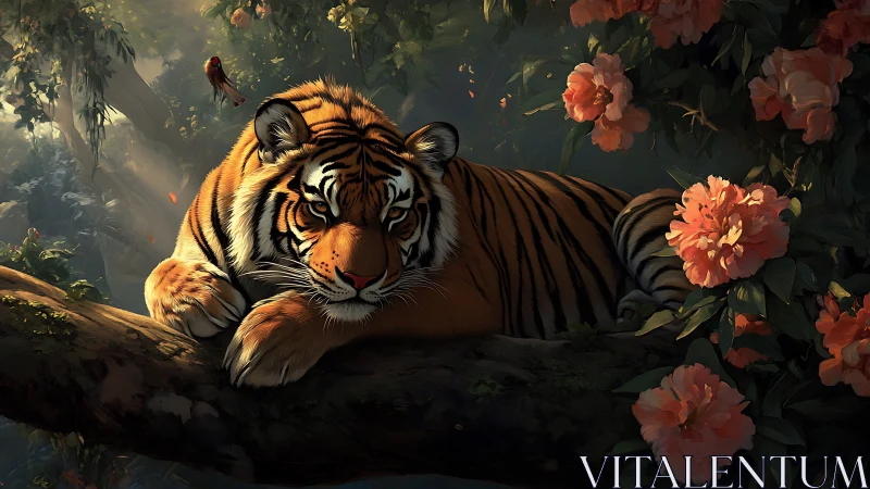 Tiger resting on tree branch amid dense floral foliage.