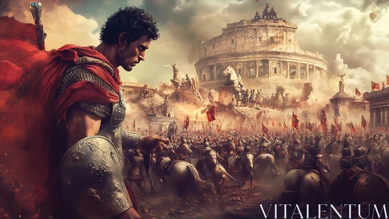 Roman general surveys a burning battlefield before a fallen city