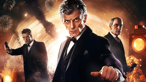 Triptych timefield agents in tuxedos within explosive vortex.