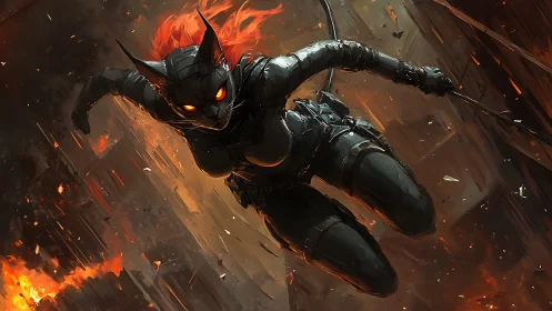 Armored feline humanoid figure amid urban fire scene.