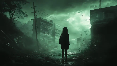 Silhouetted child stands in foggy, ruined city street at dusk