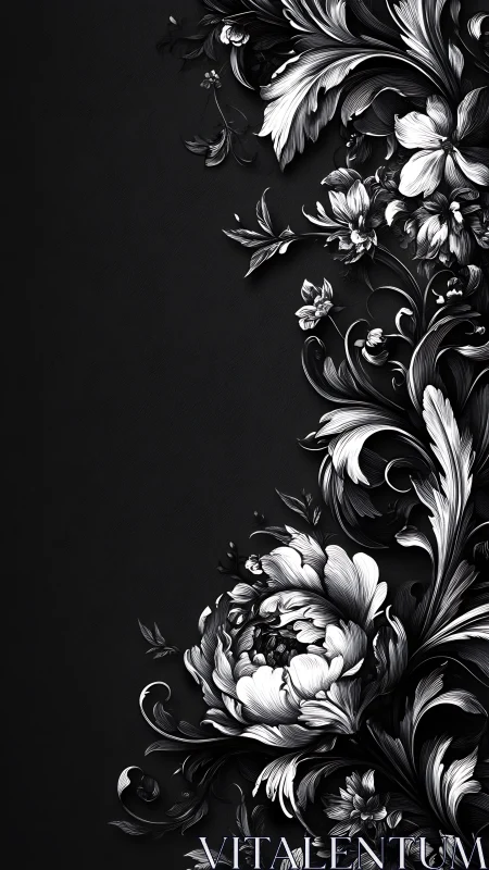 Monochromatic Baroque Floral Composition with Ornamental Scrollwork.