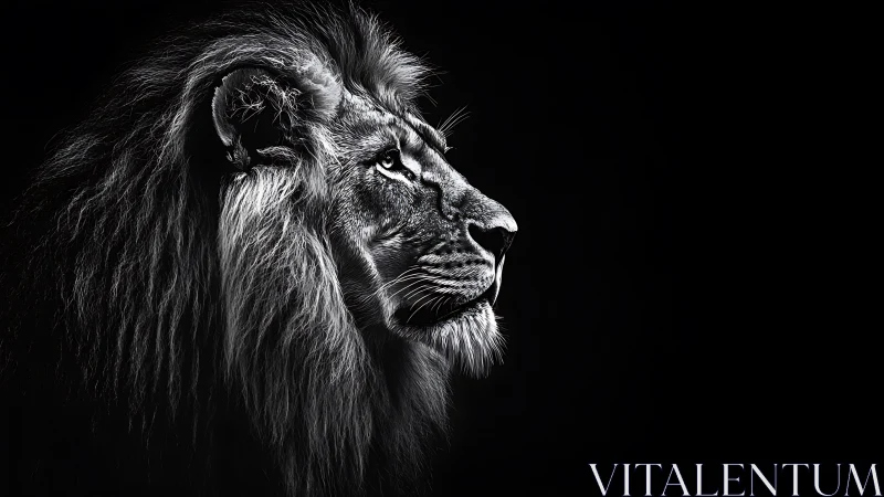 Monochrome profile portrait of lion against dark background.