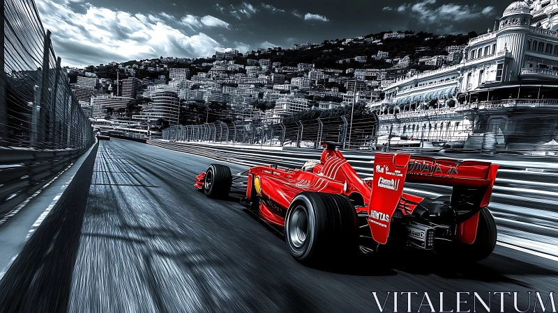 High-speed red Formula car races Monaco street circuit with motion blur