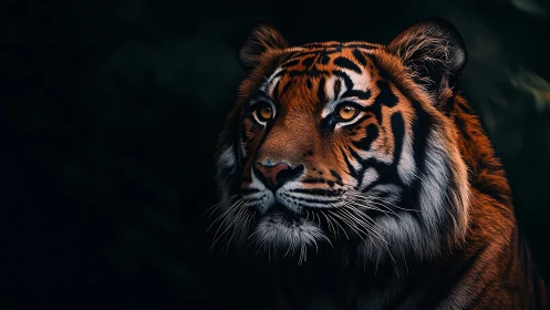Low-key telephoto profile of illuminated tiger cranial morphology.
