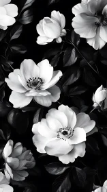 Monochrome floral composition with layered petals against dark background.