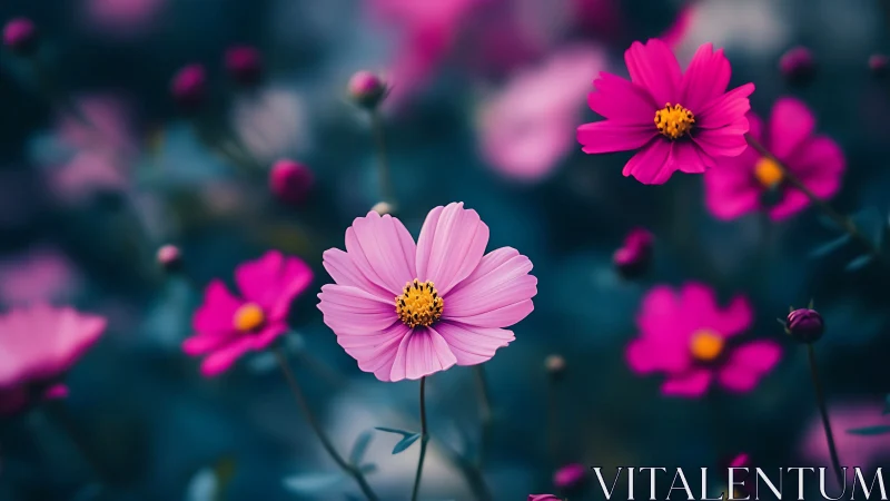 Cosmos Flowers in Soft Focus Garden Landscape