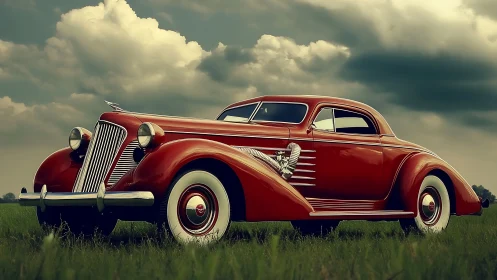 Vintage red coupe parked on grass under cloudy sky