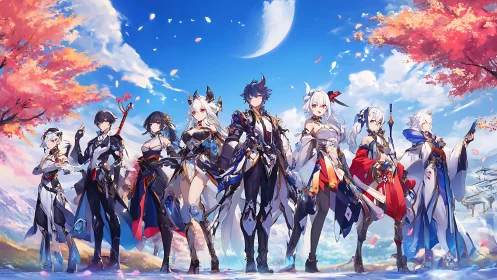 Heroic fantasy ensemble under crescent sky with sakura bloom.