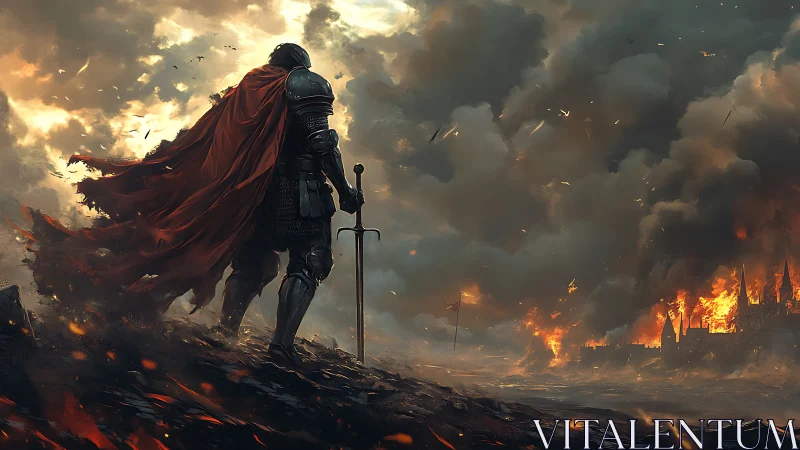 Armored figure observes burning city under dense war clouds