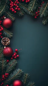 Festive red baubles and pine branches frame quiet holiday calm.