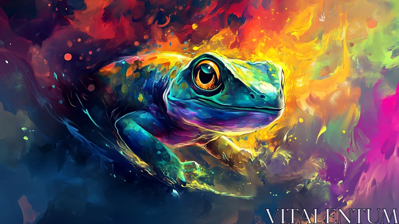 Vibrant digital frog amid swirling multicolor abstract field.