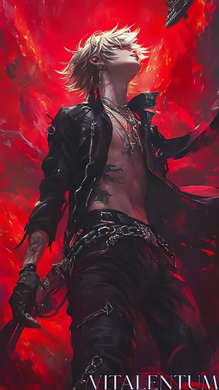 Rebel swordsman rises amid infernal red firestorm sky