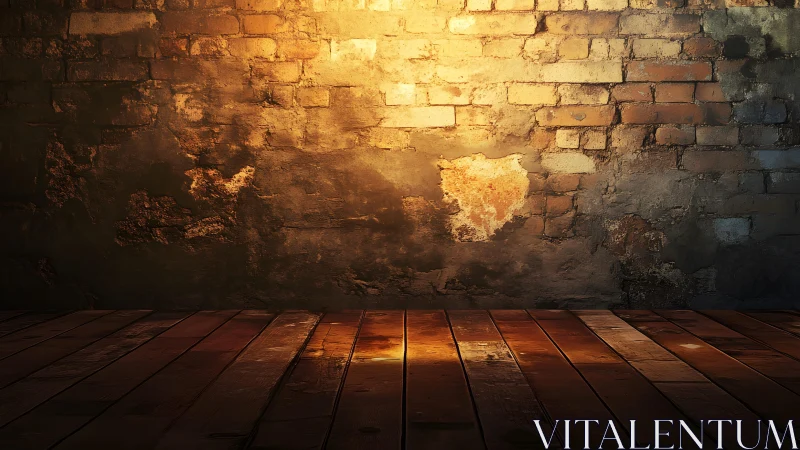 Rustic Brick Wall with Wooden Floor in Warm Ambient Lighting.