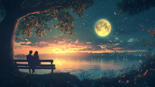 Silhouetted Couple on Waterfront Bench Under Full Moon at Twilight