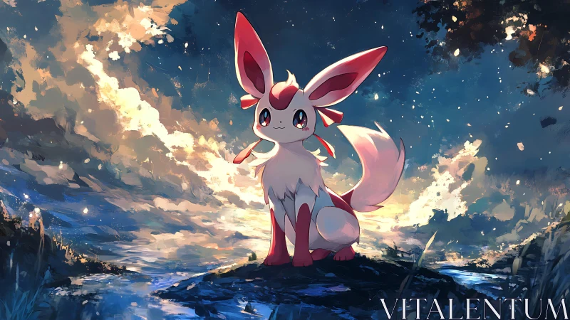 Fantasy fox creature under luminous twilight sky.