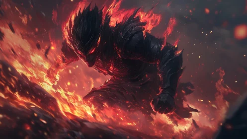 Fierce flame knight strides through a storm of burning embers