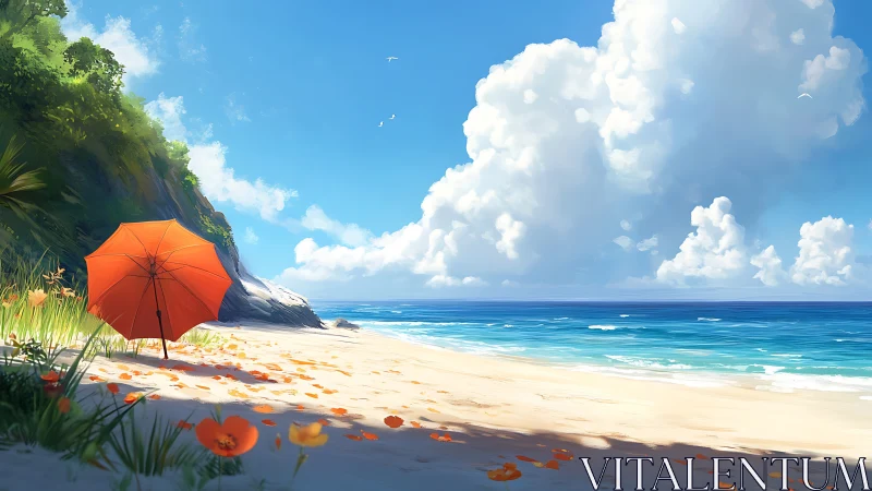 Tropical Beach Composition with Orange Parasol