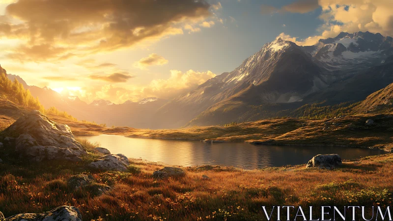 Mountain lake at sunset with warm light over valley.