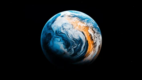 Digital planet with swirling blue and orange textures.