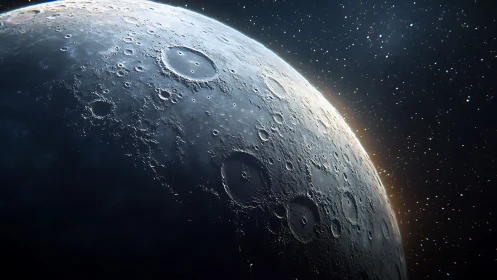 Soft moonlit craters glow gently against a sparkling cosmos