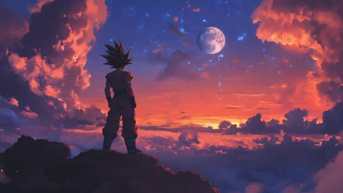 Anime warrior silhouette studies chromatic twilight sky