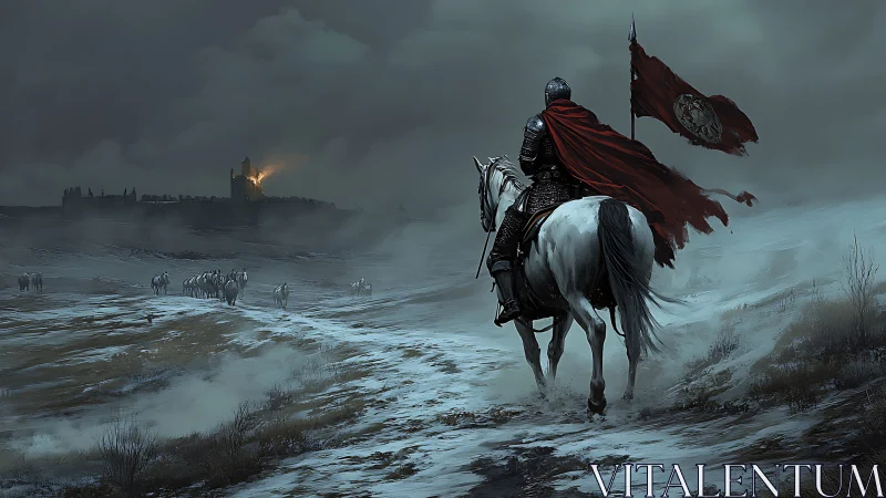 Armored rider surveys burning fortress across frozen battlefield