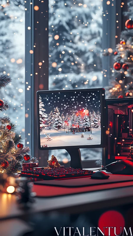 Holiday gaming workstation framed by snowy window view.