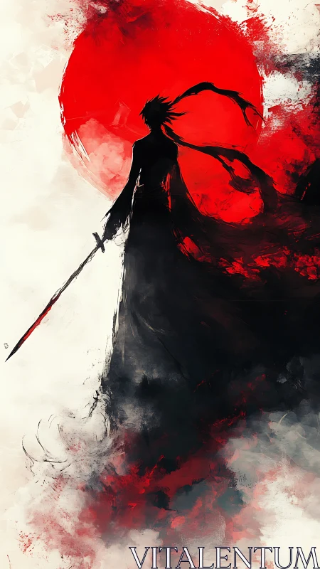 Silhouetted swordsman stands before a red sun in abstract motion