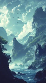 Towering misty cliffs rise above a luminous fantasy sea.