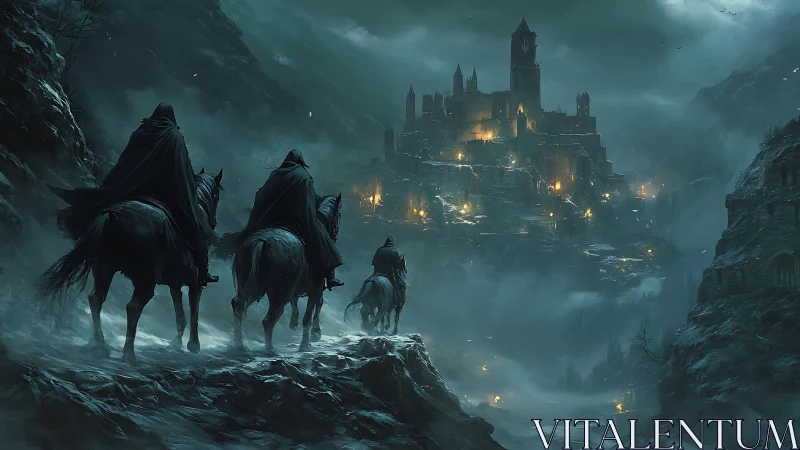 Dark riders approach a fortified mountain city at night.