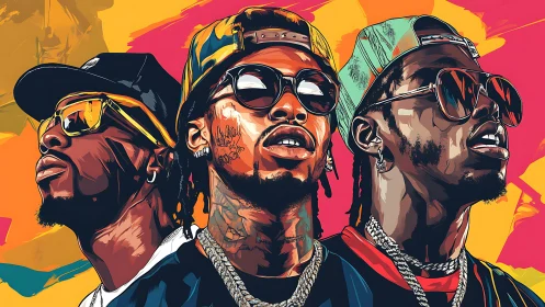 Bold hip hop trio portrait in neon urban graphic style.